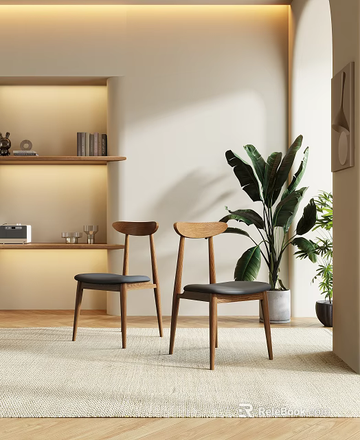 Elegant Modern Dining Chairs With Wooden Frame Black Cushions In Indoor Area With Large Plant 3d model 