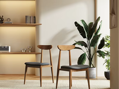 Elegant Modern Dining Chairs With Wooden Frame Black Cushions In Indoor Area With Large Plant 3d model