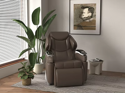 Brown Leather Massage Chair in Cozy Indoor Space with Green Plant Blinds and Art Painting 3d model