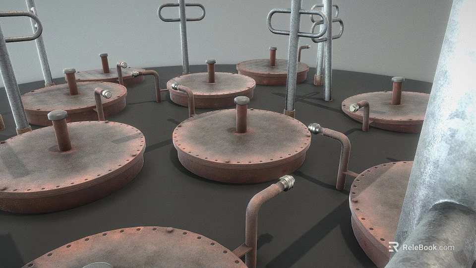 Industrial Rusty Metal Containers With Circular Lids Pipes And Poles 3d model 
