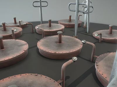 Industrial Rusty Metal Containers With Circular Lids Pipes And Poles 3d model