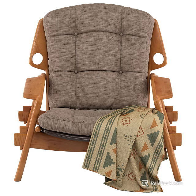 Comfortable Leisure Chair With Wooden Frame Gray Tufted Cushion And Patterned Blanket 3d model 