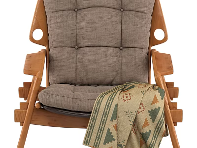 Comfortable Leisure Chair With Wooden Frame Gray Tufted Cushion And Patterned Blanket 3d model
