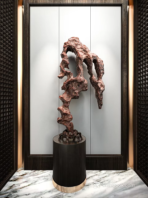 Copper Brown Abstract Ornament Decoration Set with Black Pedestal and Modern Interior Frame 3d model 