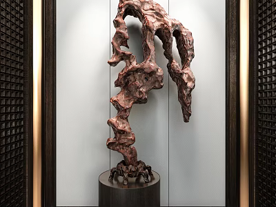Copper Brown Abstract Ornament Decoration Set with Black Pedestal and Modern Interior Frame 3d model