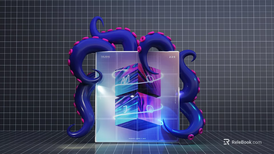 Transparent Cube With Blue Pink Octopus Tentacles Wrapping On Grid Background 3d model 