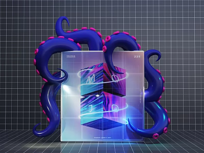 Transparent Cube With Blue Pink Octopus Tentacles Wrapping On Grid Background 3d model