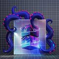 Transparent Cube With Blue Pink Octopus Tentacles Wrapping On Grid Background 3d model