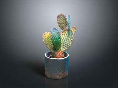 Colorful Iridescent Cactus Plant In Textured Pot With Spotted Pads And Shiny Surface 3d model