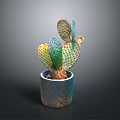 Colorful Iridescent Cactus Plant In Textured Pot With Spotted Pads And Shiny Surface