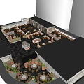 Modern Restaurant Interior With Multiple Dining Tables Chairs Decorative Plants And Ambient Lighting 3d model