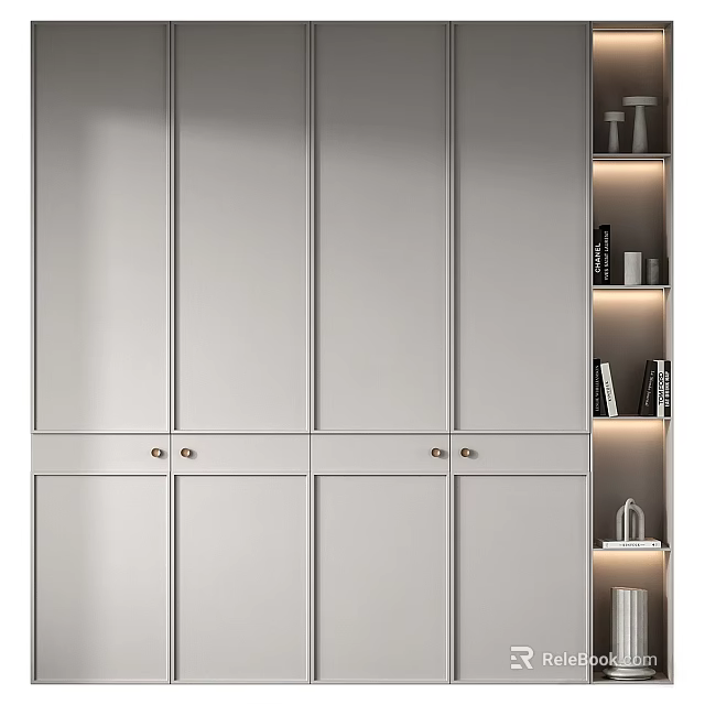 Modern Light Gray Wardrobe With Sleek Design Metal Handles And Illuminated Side Shelves 3d model 