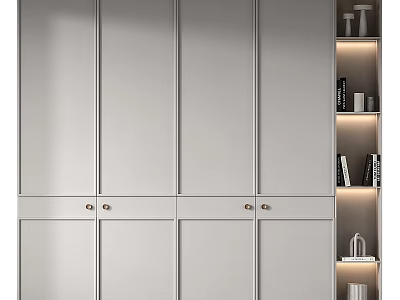 Modern Light Gray Wardrobe With Sleek Design Metal Handles And Illuminated Side Shelves 3d model
