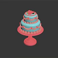 Three Tiered Blue Cake With Pink Rose Decoration On Pink Stand And White Pink Trims