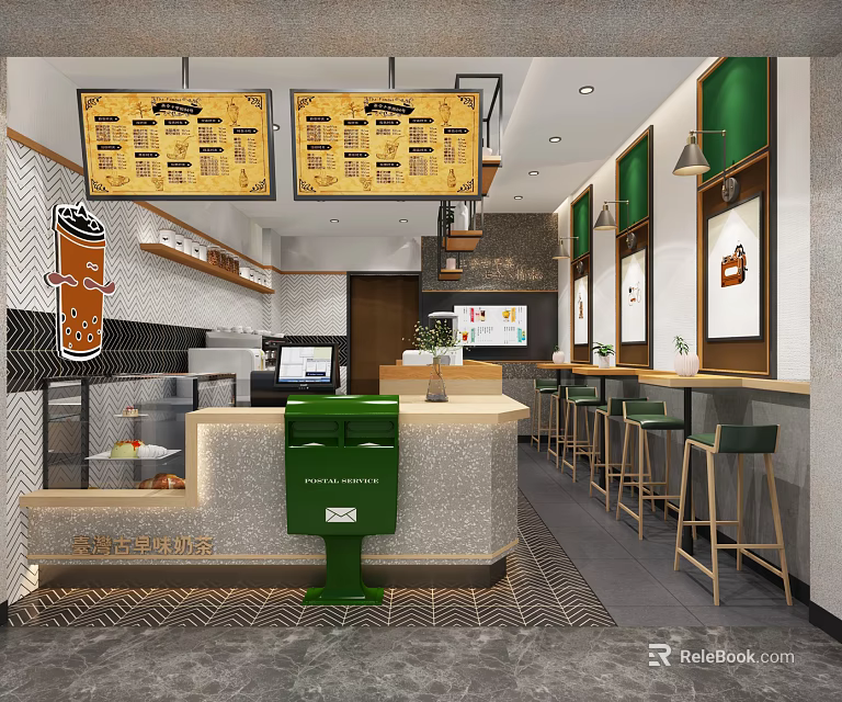 Cozy Modern Milk Tea Shop Interior With Green Decor Menu Boards And Seating Area 3d model 