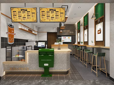 Cozy Modern Milk Tea Shop Interior With Green Decor Menu Boards And Seating Area 3d model