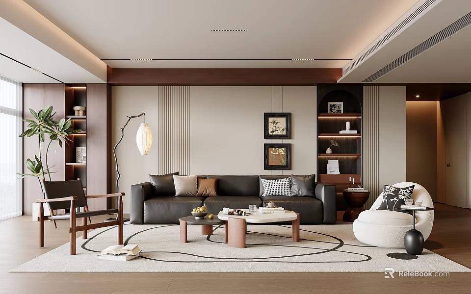 Modern Living Room Interior With Grey Sofa Coffee Tables Rug Floor Lamp Artwork And Plants 3d model 