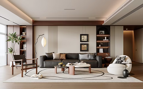 Modern Middle-ancient Style Living Room Sofa Coffee Table Combination Leather Sofa Background Wall Decorative Cabinet Non-main Light Living Room Floor Lamp Plant Potted Single-person Sofa 3d model