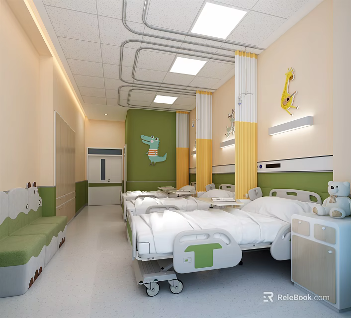 Bright Pediatric Ward Interior Featuring Green Yellow Decor Cartoon Artwork And Beds 3d model 