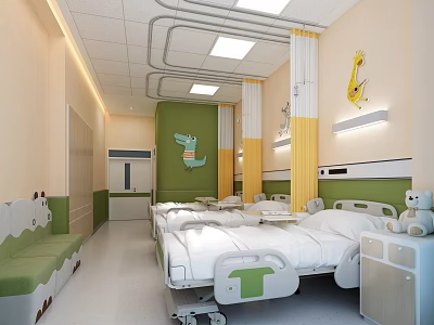 Bright Pediatric Ward Interior Featuring Green Yellow Decor Cartoon Artwork And Beds 3d model