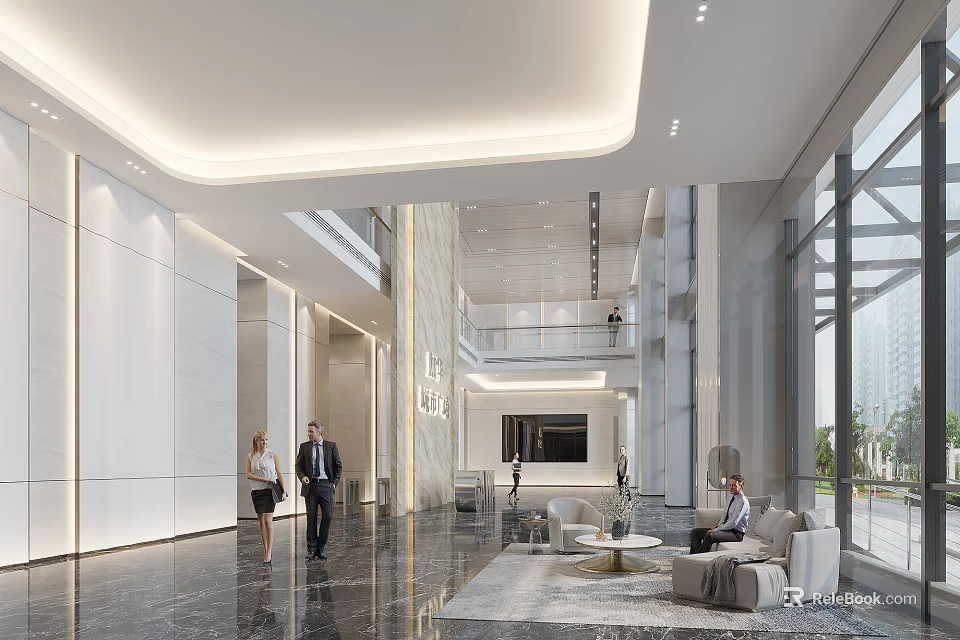 Elegant Modern Office Lobby Reception Space With Comfortable Lounge Seats And Sleek Marble Interior Design 3d model 