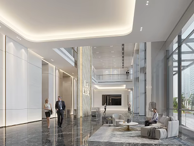 Elegant Modern Office Lobby Reception Space With Comfortable Lounge Seats And Sleek Marble Interior Design 3d model