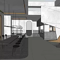Modern Restaurant Interior With Concrete Ceiling Beams Arched Doorway And Pendant Lights