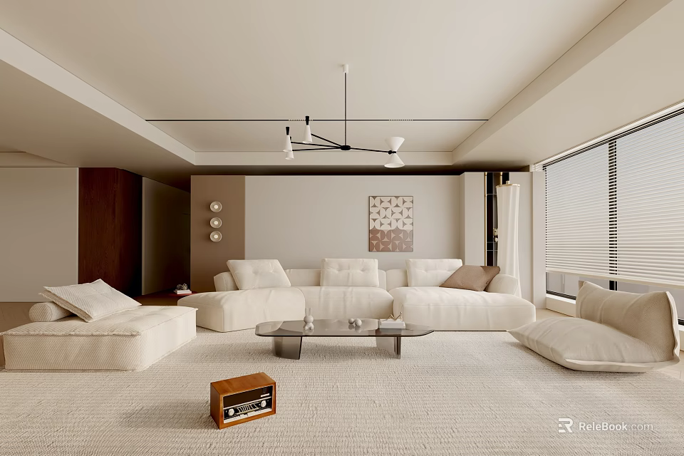 Modern Living Room Interior With Beige Sofas Plush Carpet Glass Coffee Table And Linear Chandelier 3d model 