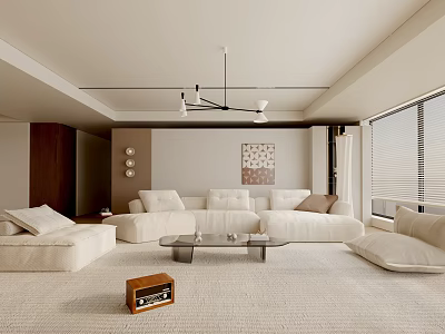 Modern Living Room Interior With Beige Sofas Plush Carpet Glass Coffee Table And Linear Chandelier 3d model