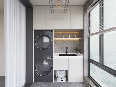 Modern Home Balcony Design With Double Washing Machines White Cabinets Sink And City View 3d model