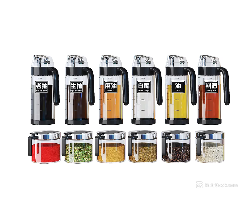 Transparent Glass Spice Jars With Labeled Design And Various Colorful Seasonings For Kitchen Use 3d model 