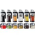 Transparent Glass Spice Jars With Labeled Design And Various Colorful Seasonings For Kitchen Use