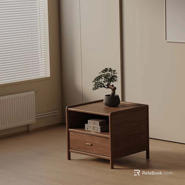Modern Wooden Walnut Nightstand With Drawer Open Shelf Books And Bonsai Plant 3d model 
