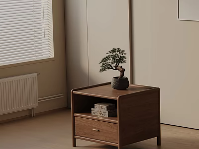 Modern Wooden Walnut Nightstand With Drawer Open Shelf Books And Bonsai Plant 3d model