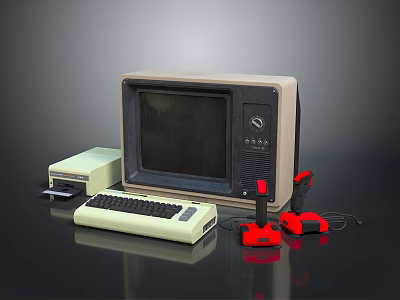 Vintage Computer Setup With Old Style Monitor Keyboard Disk Drive And Red Joysticks 3d model