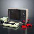 Vintage Computer Setup With Old Style Monitor Keyboard Disk Drive And Red Joysticks