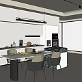 Modern Restaurant Open Kitchen Interior With White Cabinets Island Counter And Dining Chairs