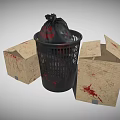 Black Trash Can With Plastic Bag And Cardboard Boxes With Blood Stains