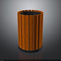 Modern Orange Cylindrical Trash Can Featuring Vertical Stripes And Black Base