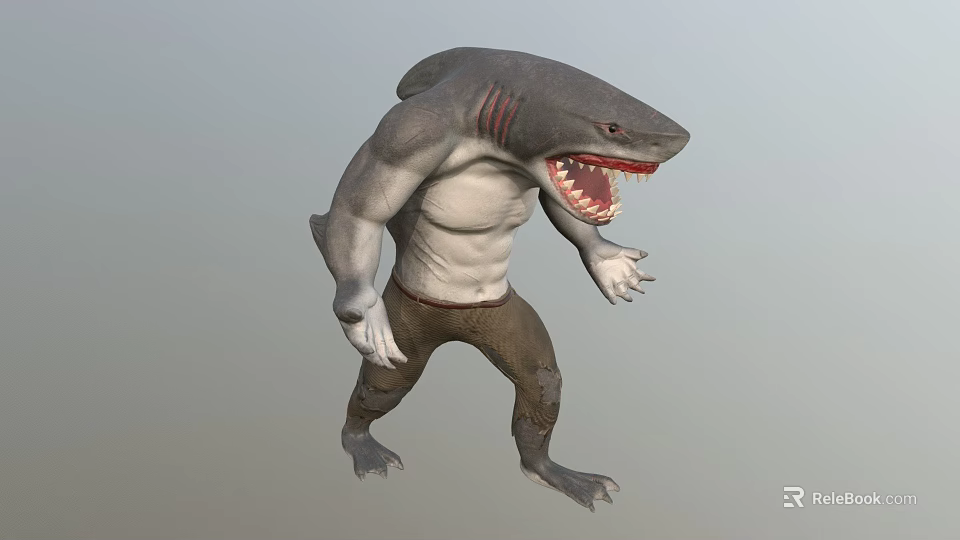 Muscular Shark Headed Game Movie Character With Open Mouth And Standing Pose 3d model 