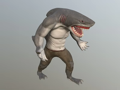 Muscular Shark Headed Game Movie Character With Open Mouth And Standing Pose 3d model