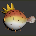 Cartoon Puffer Fish with Yellow Crown Decoration Red Body Black Spots Orange Spines Yellow Eyes