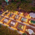 Scenic Campsite With Colorful Tents Trees String Lights And Hot Air Balloon At Sunset