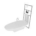 White Oval Free Standing Bathtub With Black Hanging Caddy Toiletries And Towel Rack