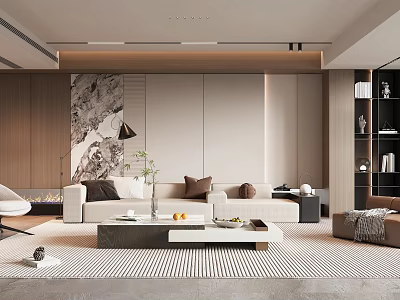 Elegant Modern Living Room Interior Design With Beige Sofa Marble Accent Wall And Wooden Elements 3d model