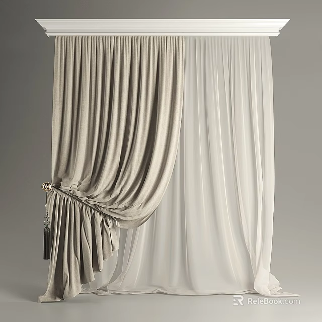 Light Gray Velvet And White Sheer Curtains With Elegant Drapery Design And Tie Back 3d model 