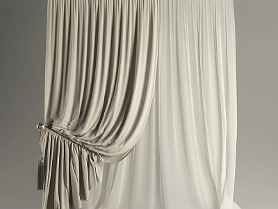 Light Gray Velvet And White Sheer Curtains With Elegant Drapery Design And Tie Back 3d model
