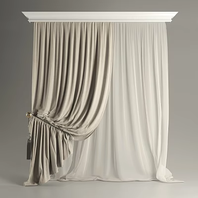Light Gray Velvet And White Sheer Curtains With Elegant Drapery Design And Tie Back 3d model