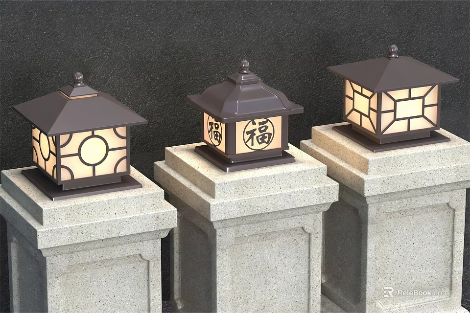 Traditional Outdoor Lights With Stone Pedestals And Geometric Patterns Featuring Fu Character 3d model 
