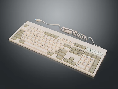 Vintage Wired Computer Keyboard With Coiled Cable And White Beige Keys 3d model